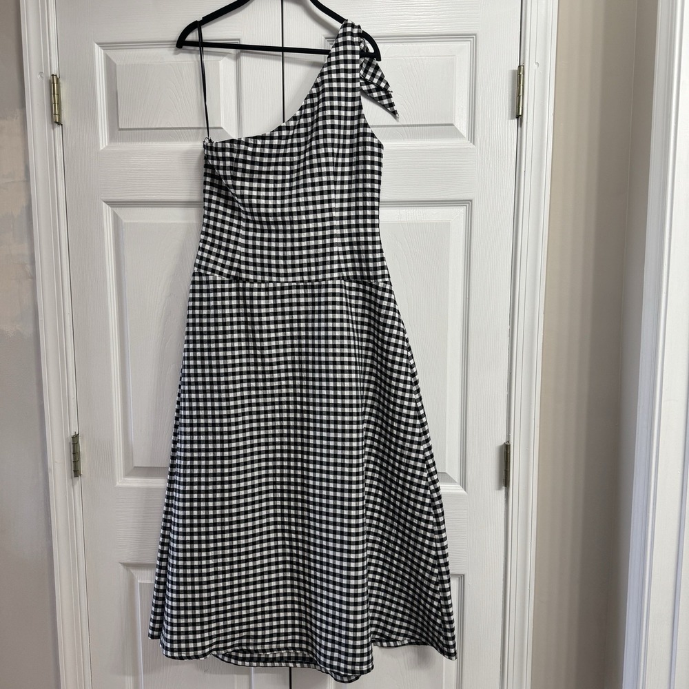 By Anthropologie One Shoulder Gingham Midi Dress Classic Black White Medium NWT - Picture 5 of 7